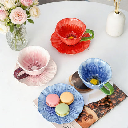 Ceramic Coffee Mug with Saucer Set, 10 Oz Flower Coffee Mug Tea Cup Set for Women, Floral Coffee Latte Mug, Porcelain Fancy Teaware for Birthday Wedding Mother's Day Gift Party (Pink)