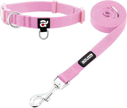 azuza Nylon Dog Collar and Leash Set, Strong & Durable Basic Style Leash and Collar with ID Tag Ring, Available in Multiple Lengths for Small Dogs, Pink,S