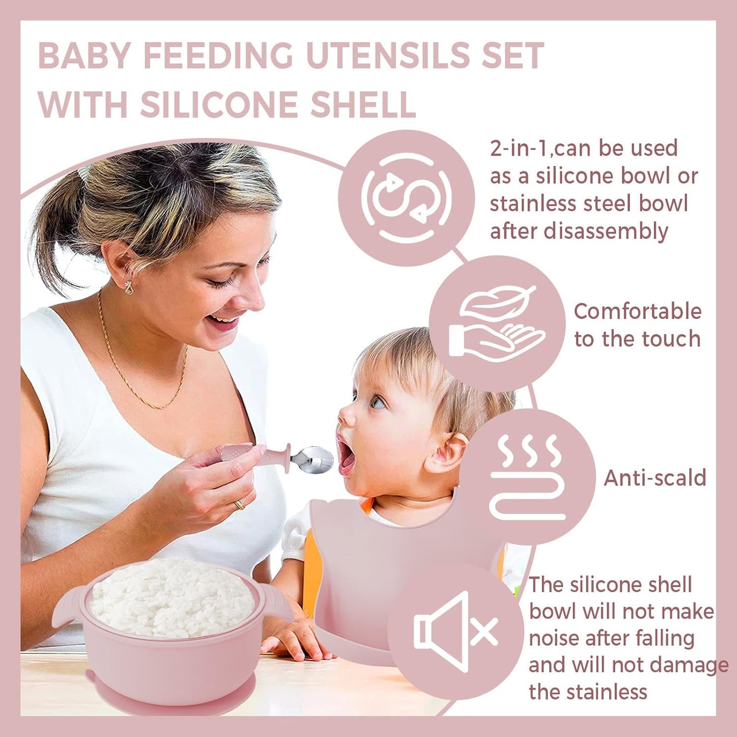 7 Pieces 304 Stainless Steel Baby & Toddler Feeding Set - Suction Divided Plates, Bowls, Silicone & Stainless Spoon Fork,Pocket Bib Unbreakable, Dishwasher Safe Kids Dinnerware Essentials (Pink)