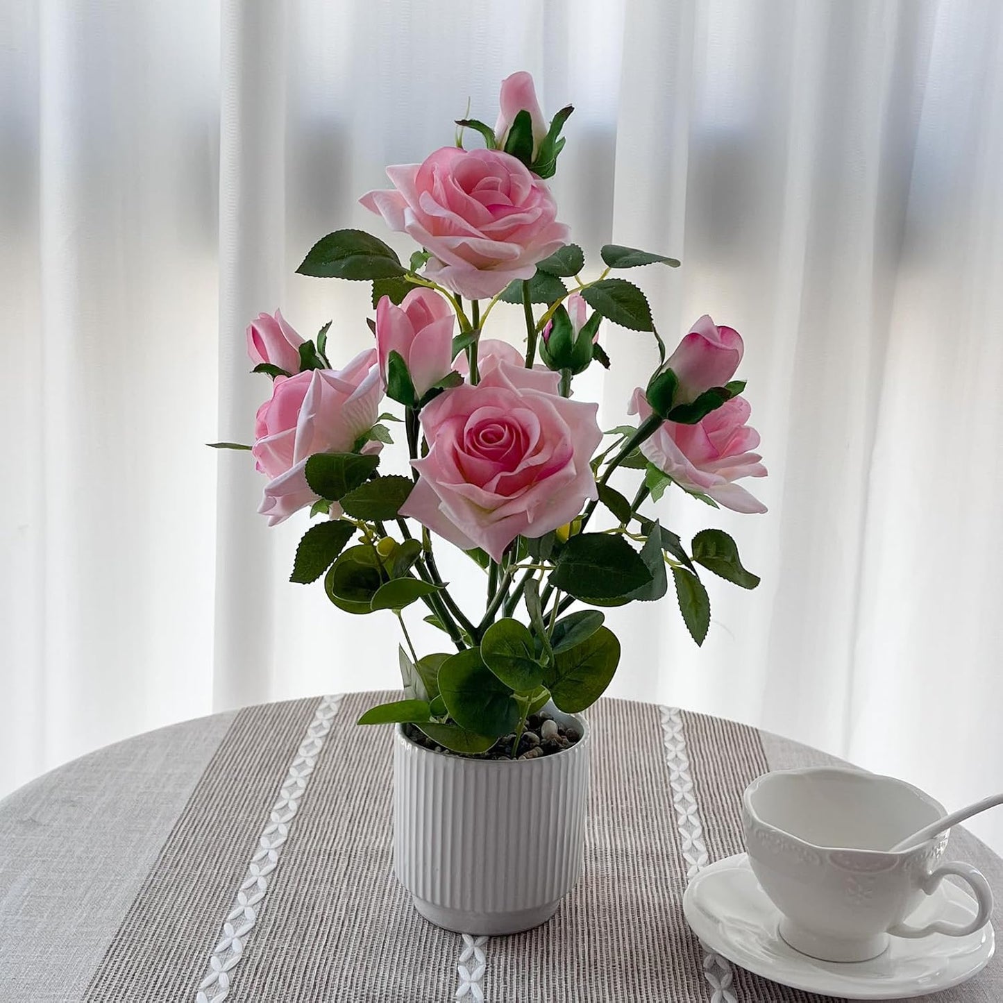 Artificial Rose Plant with Ceramic Vase,Home Decor Potted Floral Arrangement,Silk Roses Artificial Flowers (A:Pink)