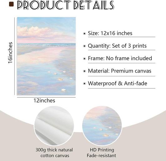Pink Beach Wall Art Preppy Coastal Canvas Wall Decor Summer Beachy Posters Aesthetic Ocean Pictures Pastel Pink Beach Prints Painting Coastal Artwork for Living Room Bedroom 12x16 Inch Unframed 3Pcs