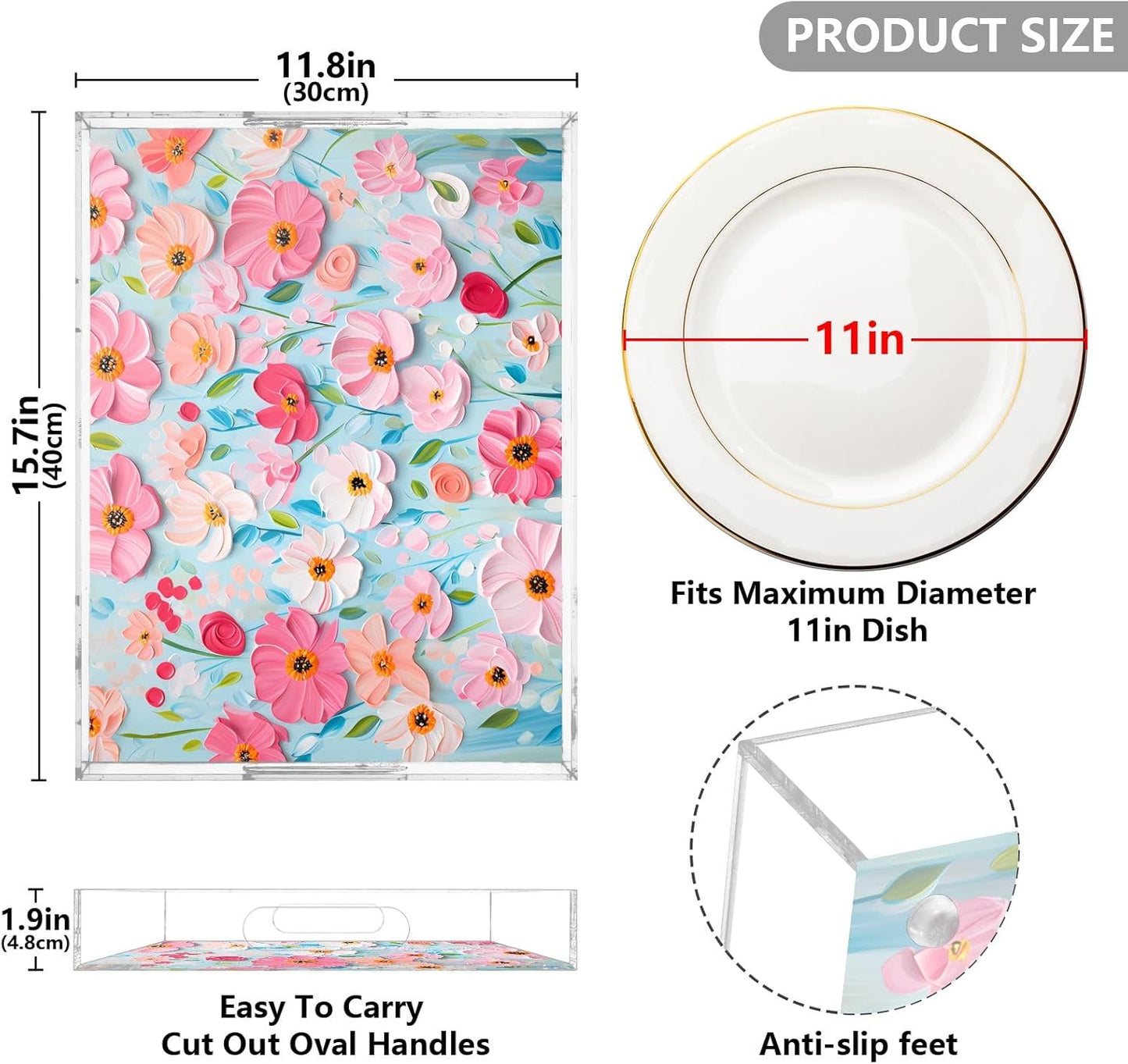 Plastic Food Serving Tray Decorative Vanity Trays for Bathroom Pink Daisy Coffee Table Kitchen Counter 11.8 * 15.7in