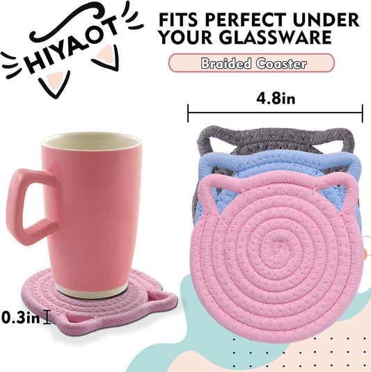 Cute Coasters for Desk Set of 2, Extra Large 4.8 in* 8mm, Absorbent Handmade Fabric Drink Coasters for Coffee & Tea - Fall House Warm Home Décor, Protect The Wooden Table (2 Pack-Cat-Blush Pink)