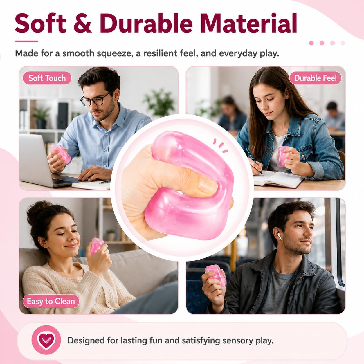 Ice Cube Squishy, Squeeze Stress Cube for Anxiety Relief, Soft Squishy Fidget Toys for Adults, Sensory Gel Ball for Birthday Gift, Desk Accessory（Pink）