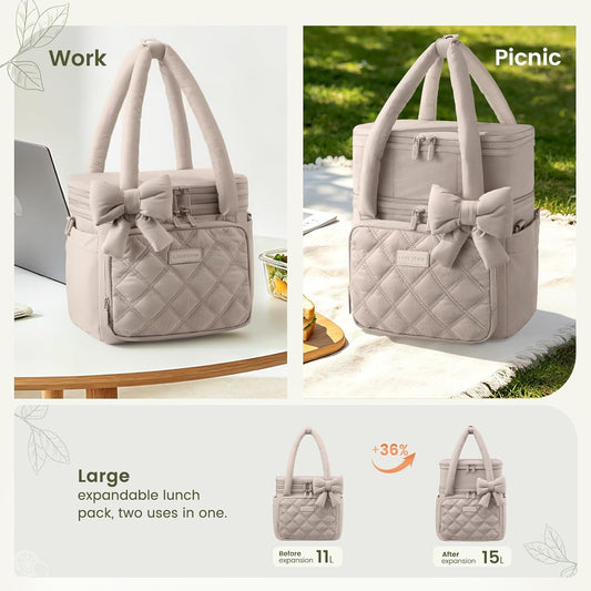 LOVEVOOK Insulated Lunch Bag Women,Expandable Double Deck Adult Lunch Box Women with Cup Holder,Bow Puffer Large Leakproof Cooler Bag for Work College Picnic,Lunch Box/Bag for Kids Girl Boy School