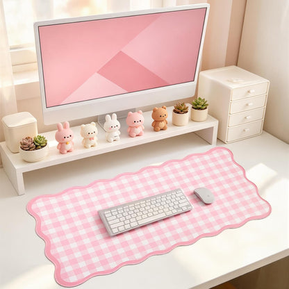 Scalloped Gingham Pink Desk Mat,31.5" x 15.7" Large Cute Aesthetic Desk Mat for Keyboard Mouse, Non Slip Computer Desk Pad,Green Girly Desk Cover Mouse Pad for Desktop Office Home Dorm Decor (Pink)