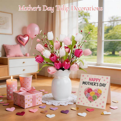 Wootkey 4Pcs Artificial Tulips Twigs Mother's Gift Decorations Pink Tulip Berry Stems for Easter Day Anniversary Flower Bouquets Wedding Home Decor