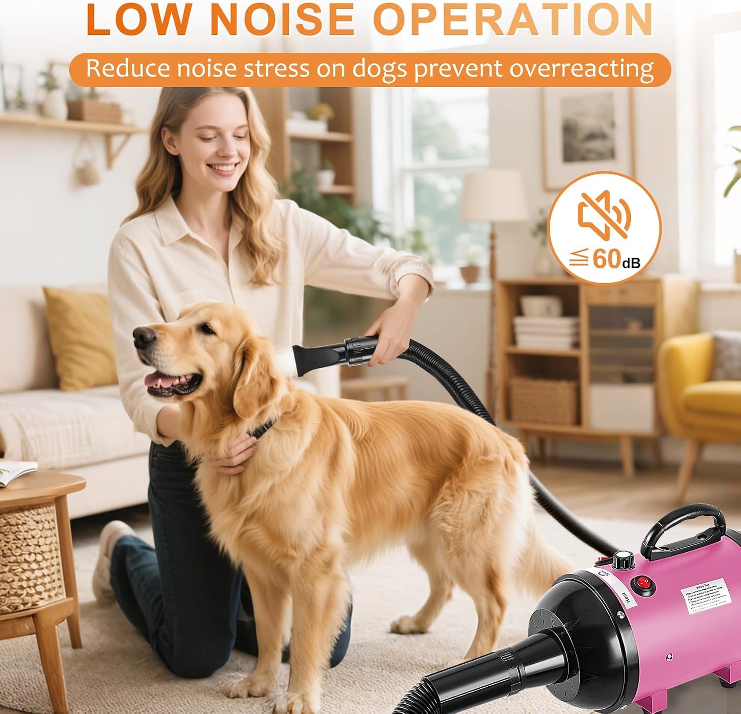 NESTROAD Dog Dryer for Pet Grooming,High Velocity 4.3HP/3200W Dog Blower Force Dryer with Stepless Adjustable Speed,Professional Pet Hair Drying with 4 Different Nozzles for Dogs Pets,Pink