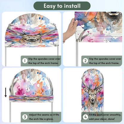 Elk Arch Backdrop Cover 6.6FT, Pink Purple Blue Watercolor Splashes Splatter Animal Spandex Fitted Stretchy Arch Stand Covers, Round Top Chiara Backdrop Cover for Wedding Party Birthday Baby Shower