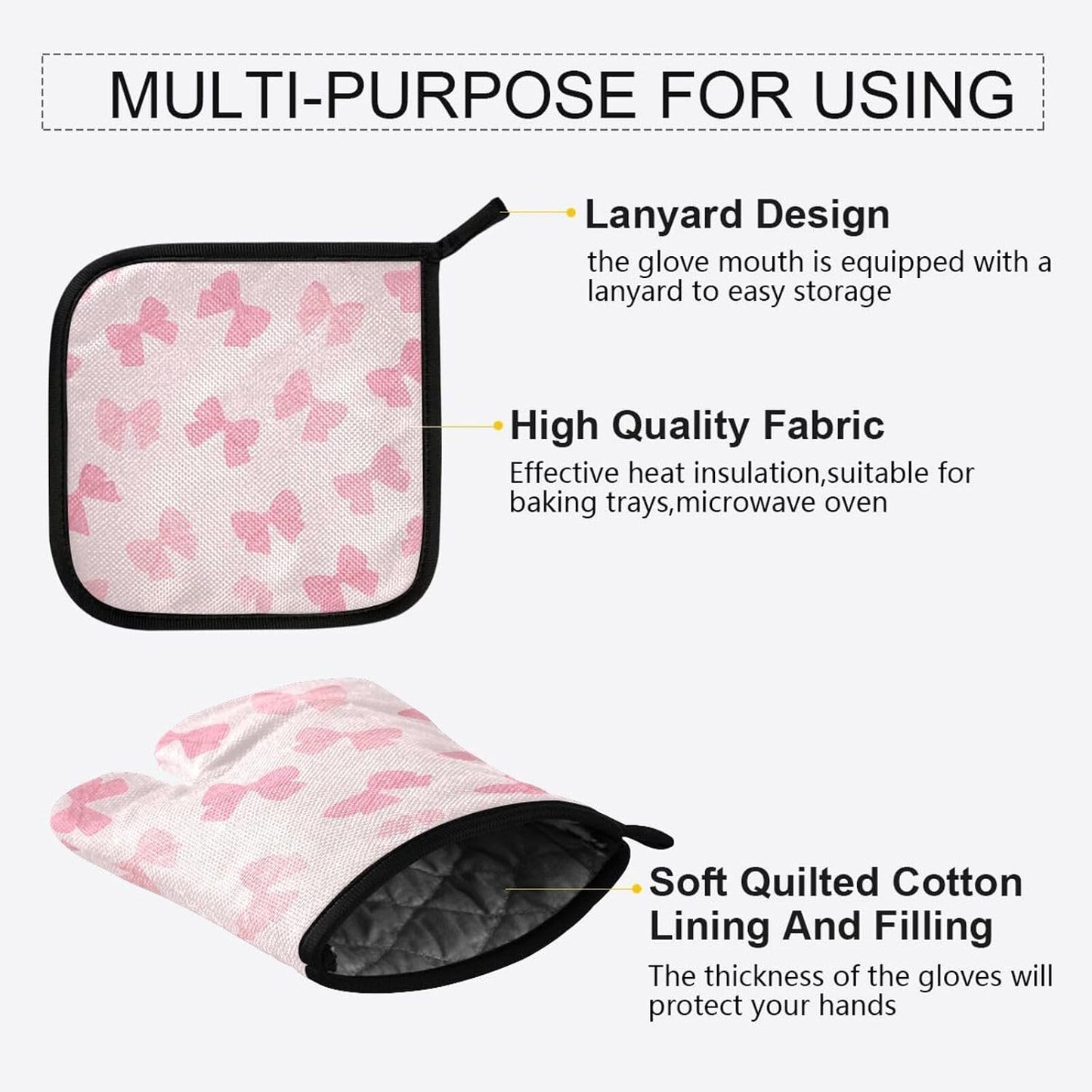 Cute Light Pink Bow Oven Mitts and Pot Holders Set for Cooking Baking Kitchen Decor