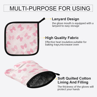 Cute Light Pink Bow Oven Mitts and Pot Holders Set for Cooking Baking Kitchen Decor