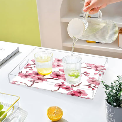 Pink Peach Flowers Acrylic Serving Tray with Handles,Clear Serving Tray Decorative Organiser for Ottoman, Kitchen, Bedroom Decorative 12x16 Inches