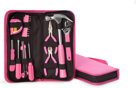 Bey-Berk “Alyssa” 20-Piece Pink Tool Set in Zippered Canvas Case, Home, Apartment & Dorm DIY Repair Kit with Hammer, Pliers, Screwdrivers, Adjustable Wrench & Tape Measure