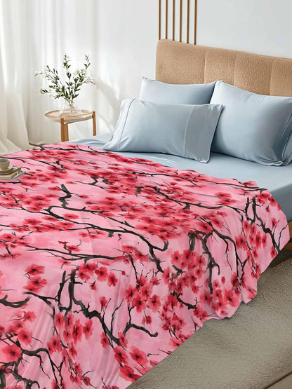 Chinese Flowers Full Size Flat Sheet Only, Hotel Luxury Microfiber Bed Top Sheets, Spring Pink Peach Blossoms Floral Soft Breathable Bedding Sheet for Bedroom, Easy Care - 81" x 96"