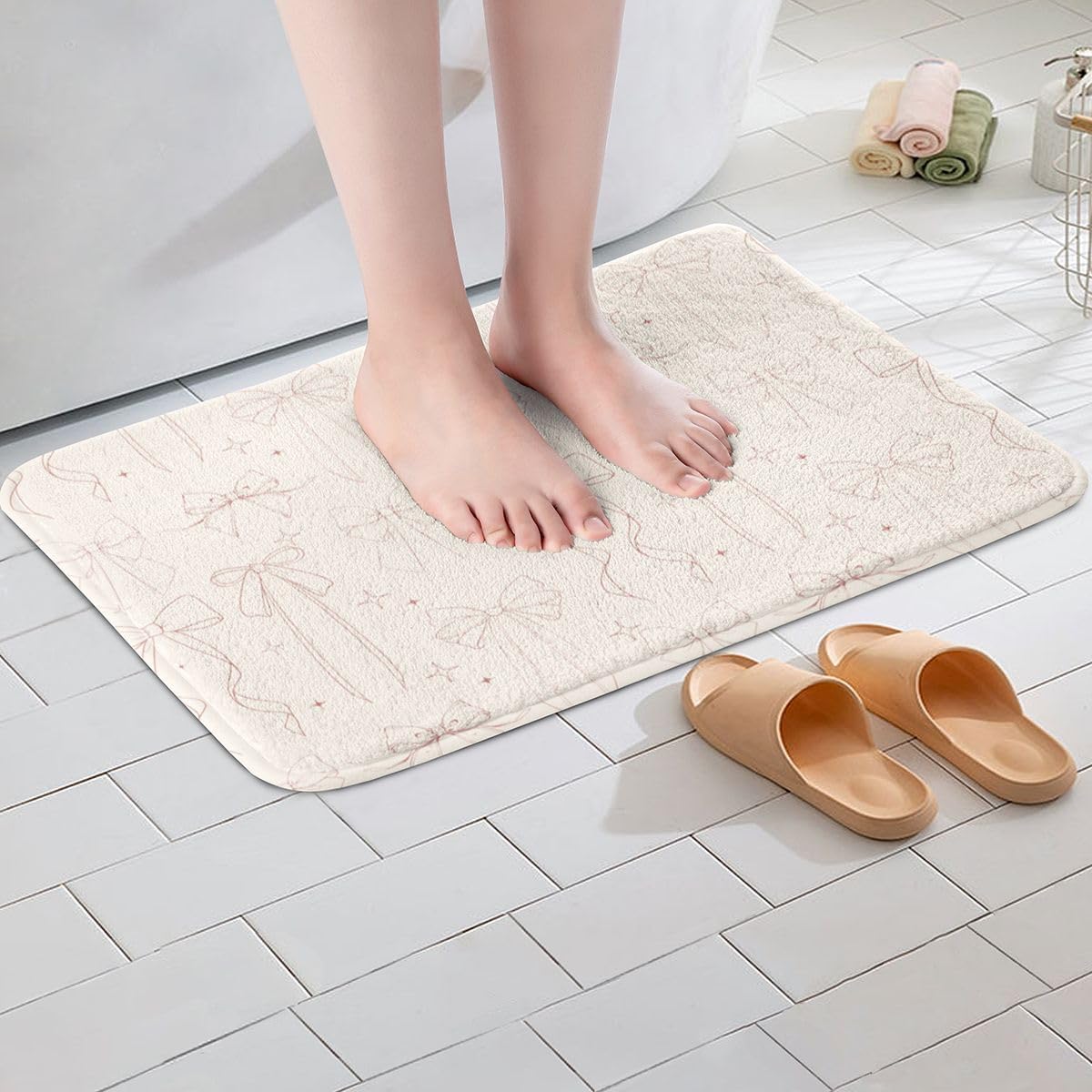 Feelyou Bow Bathroom Rugs Bowknot Bath Mats Microfiber Light Pink White Bow Bathroom Accessories Light Pink White Floor Doormats Non-Slip 20"x32" Kawaii Soft