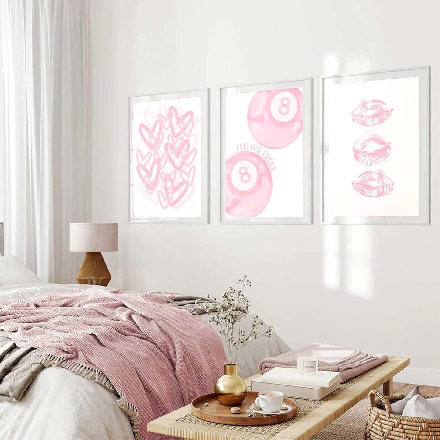 3Pcs Trendy Pink Preppy Canvas Wall Art Light Pink Cute Girly Lips Lucky 8 Ball Hearts Paintings Pictures Wall Decor Coquette Poster Printing Artwork for College Dorm Room Bedroom Home Decoration