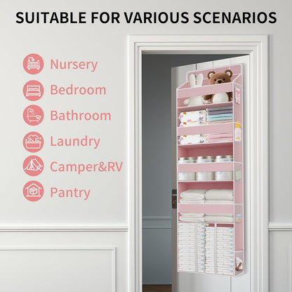TAHAVICE 1 PC Pink Over the Door Organizer with 1 Large Capacity Caddy, 4 Shelf & 10 Mesh Side Pockets, Pink Stuff Hanging Storage and Girl Essentials Closet Organizer for Cute Room, Bedroom