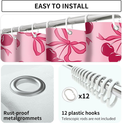Shower Curtain for Bathroom, Cute Shower Curtain Sets with 12 Hooks, Waterproof Fabric Bath Curtain for Home, 72Wx72H Cute Pink Bow