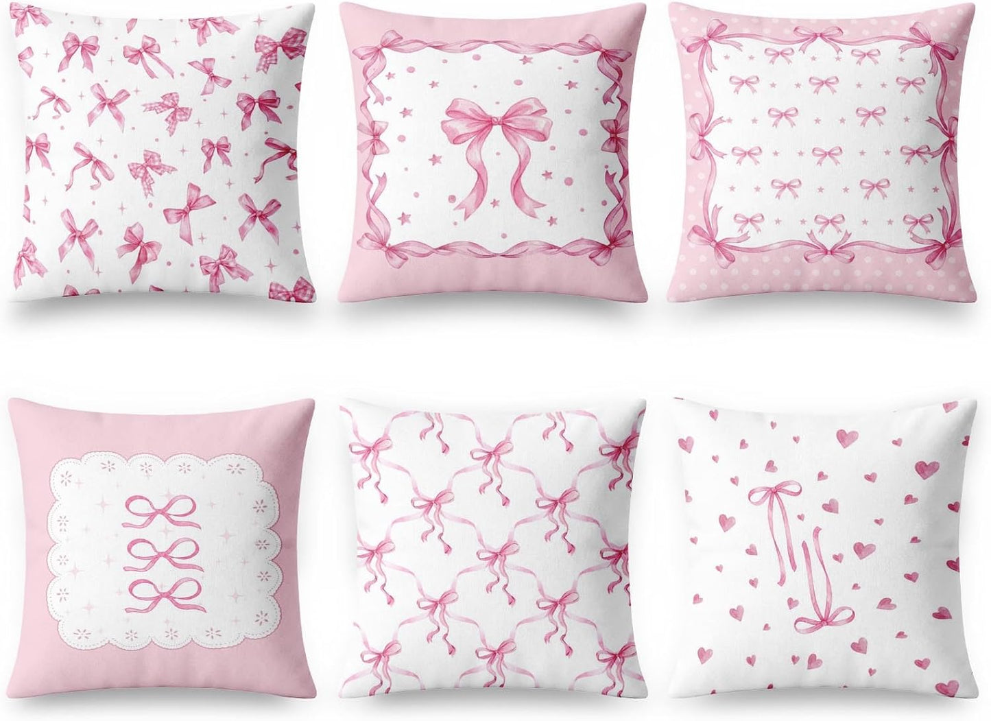Emvency Throw Pillow Covers 18x18 Set of 6, Bow Coquette Pink Soft Decorative Cushion Cases with Double Sided Print, Girly Preppy Square Pillowcases for Sofa Couch Bed Living Room Home Decor