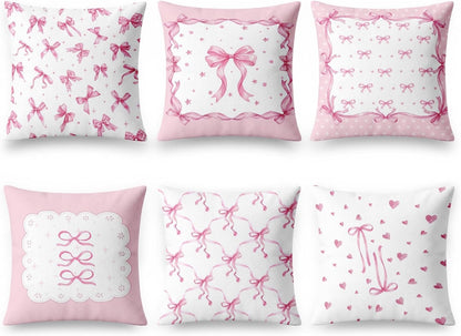 Emvency Throw Pillow Covers 18x18 Set of 6, Bow Coquette Pink Soft Decorative Cushion Cases with Double Sided Print, Girly Preppy Square Pillowcases for Sofa Couch Bed Living Room Home Decor