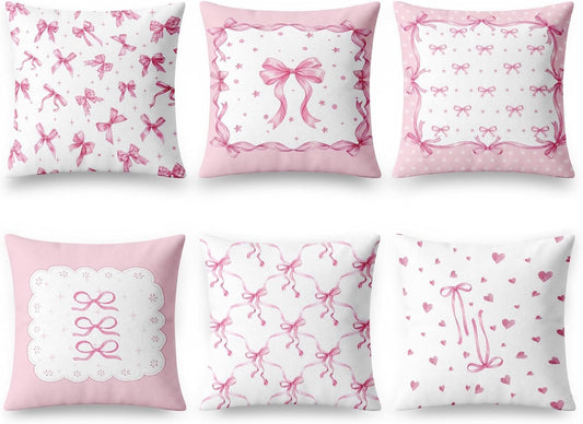 Emvency Throw Pillow Covers 18x18 Set of 6, Bow Coquette Pink Soft Decorative Cushion Cases with Double Sided Print, Girly Preppy Square Pillowcases for Sofa Couch Bed Living Room Home Decor