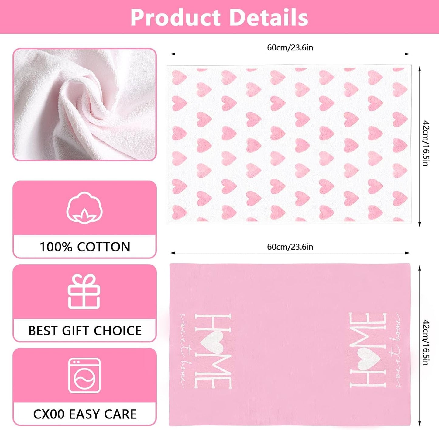 2PCS Pink Heart Love Home Sweet Home Valentine's Kitchen Towels Dish Towels for Wedding Party Anniversary Valentine's Day (16.5x23.6 Inch)