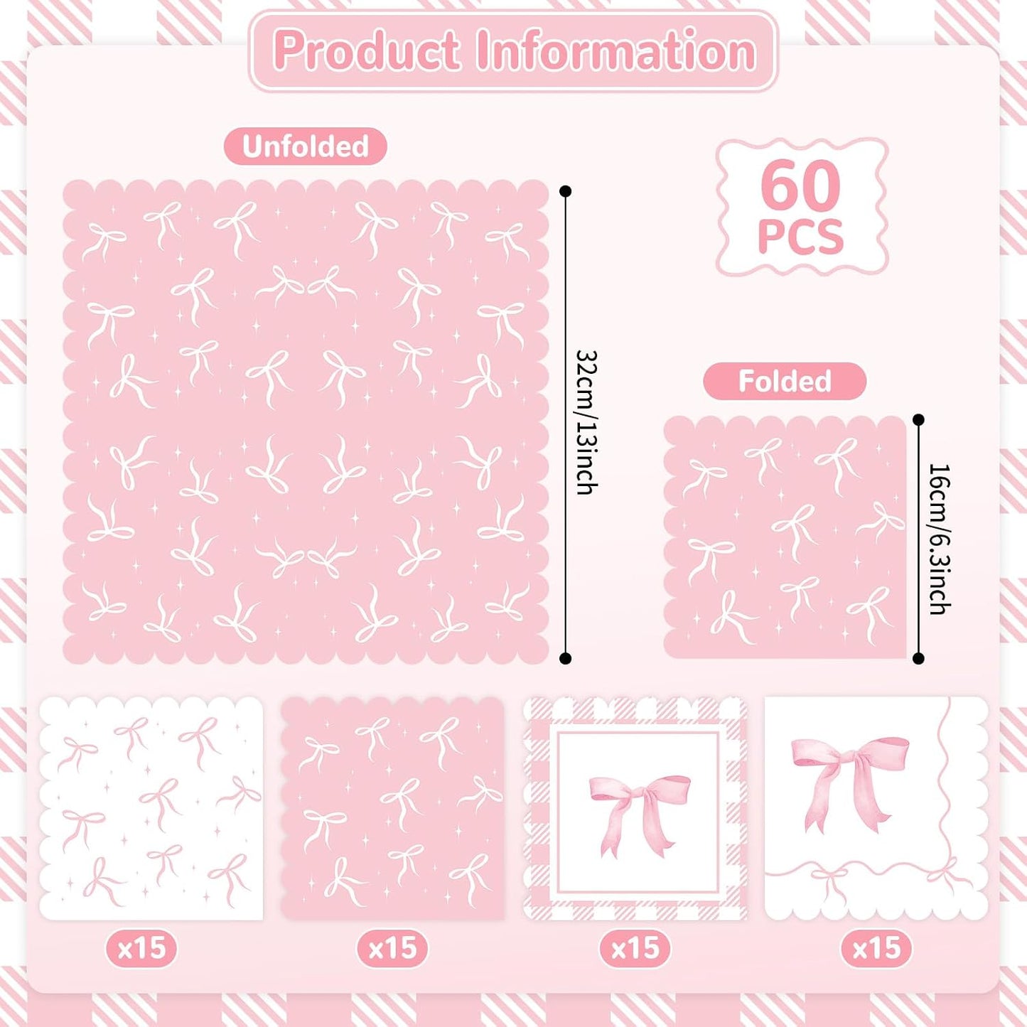 60 Pcs Pink Bow Napkins Birthday Party Decorations Bows Theme Bachelorette Party Supplies Pink Bow Hand Towel Dinner Napkins Parties Decor for Girl Bridal Engagement Baby Shower Tea Ribbon Favors