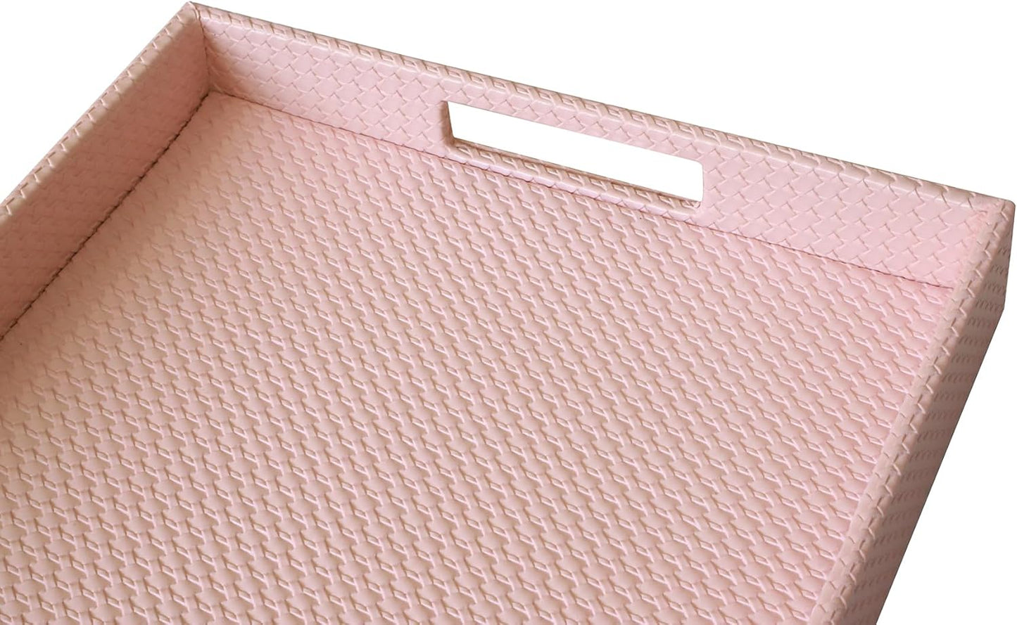 HofferRuffer Rectangle Serving Tray with Hole Handles for Coffee Table, Breakfast, Tea, Food, Butler - Countertop, Kitchen, Vanity Serve Tray, 16.2 x 12.2 x 2 inches, Faux Leather (Pink)