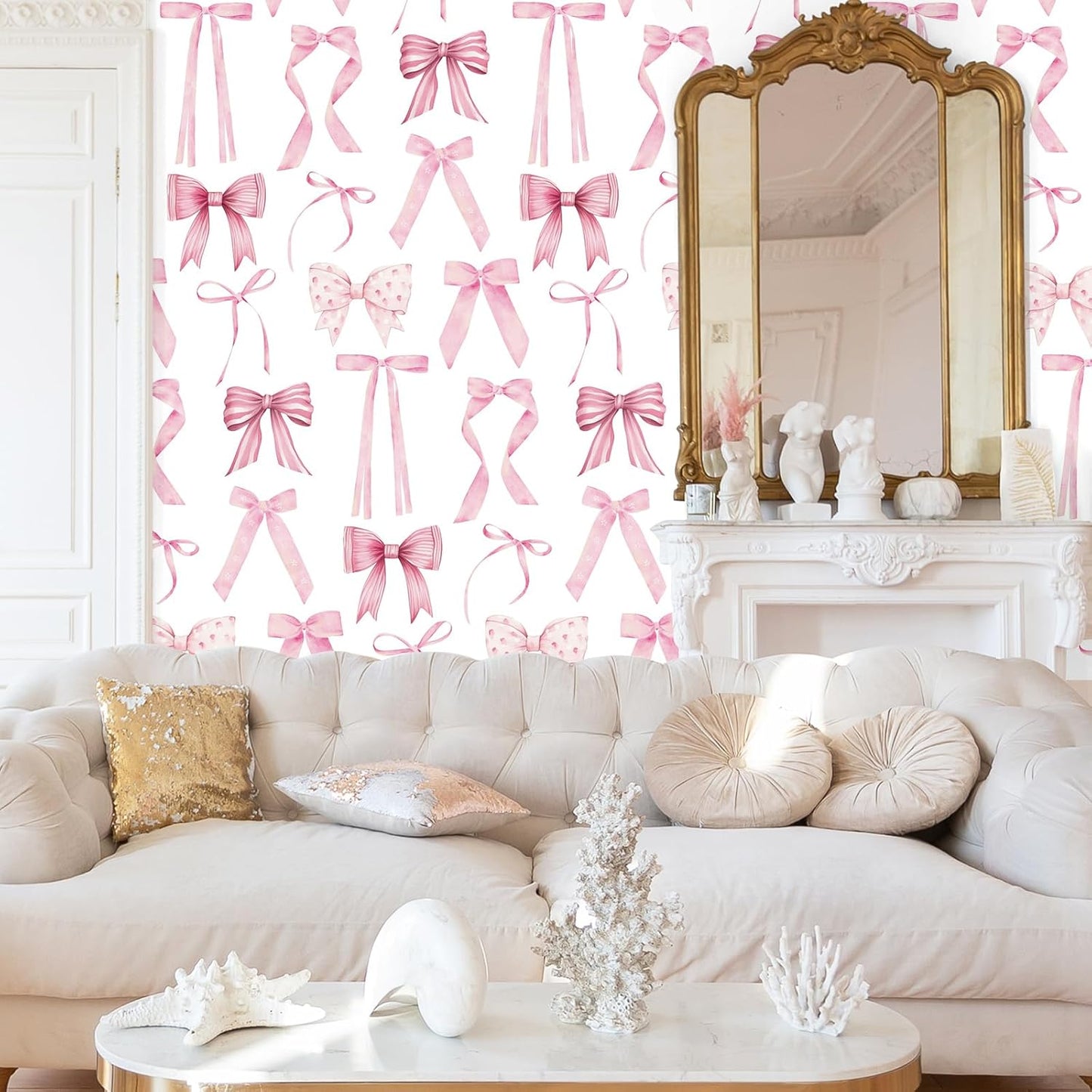 Nuanchu Pink Bow Wallpaper 15.75 x 118 Bow Ribbons Peel and Stick Wallpaper Coquette Trendy Preppy Removable Feminine Ballet Girly Adhesive Removable Coquette Room Decor