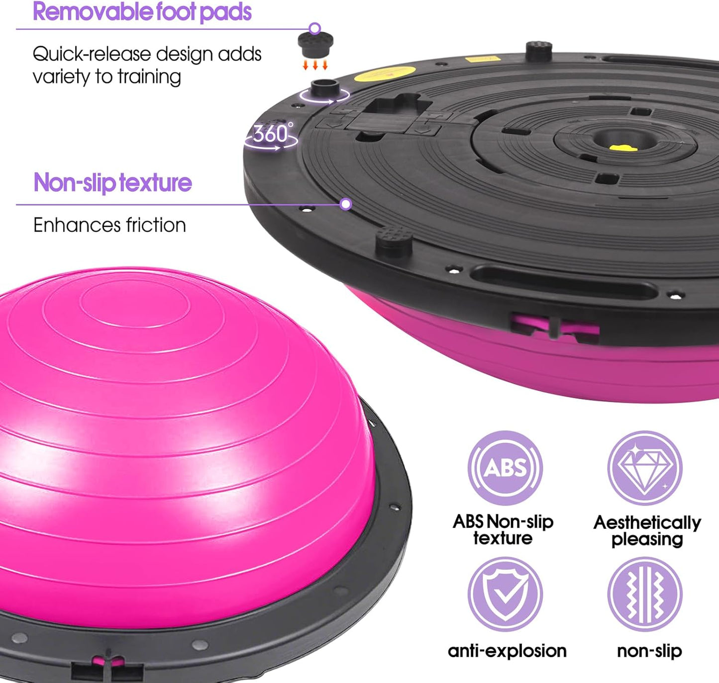 Half Balance Ball Trainer with Resistance Bands, Pink, Exercise Ball for Yoga and Stability Training