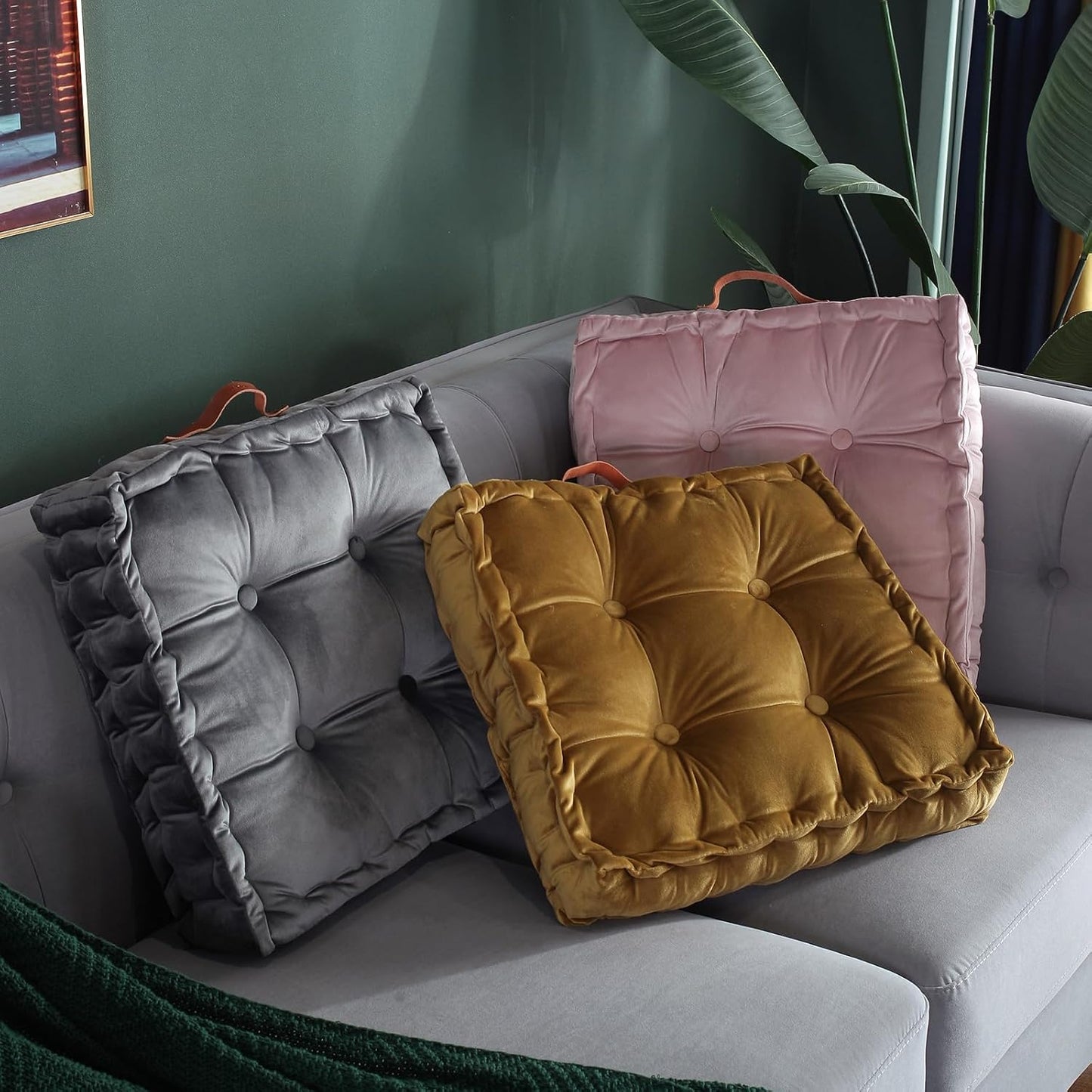vctops Square Solid Color Velvet Seat Cushion with Handle Tufted Thicken Chair Pad Tatami Floor Pillow Cushion 16.5"x16.5"x4" Pink