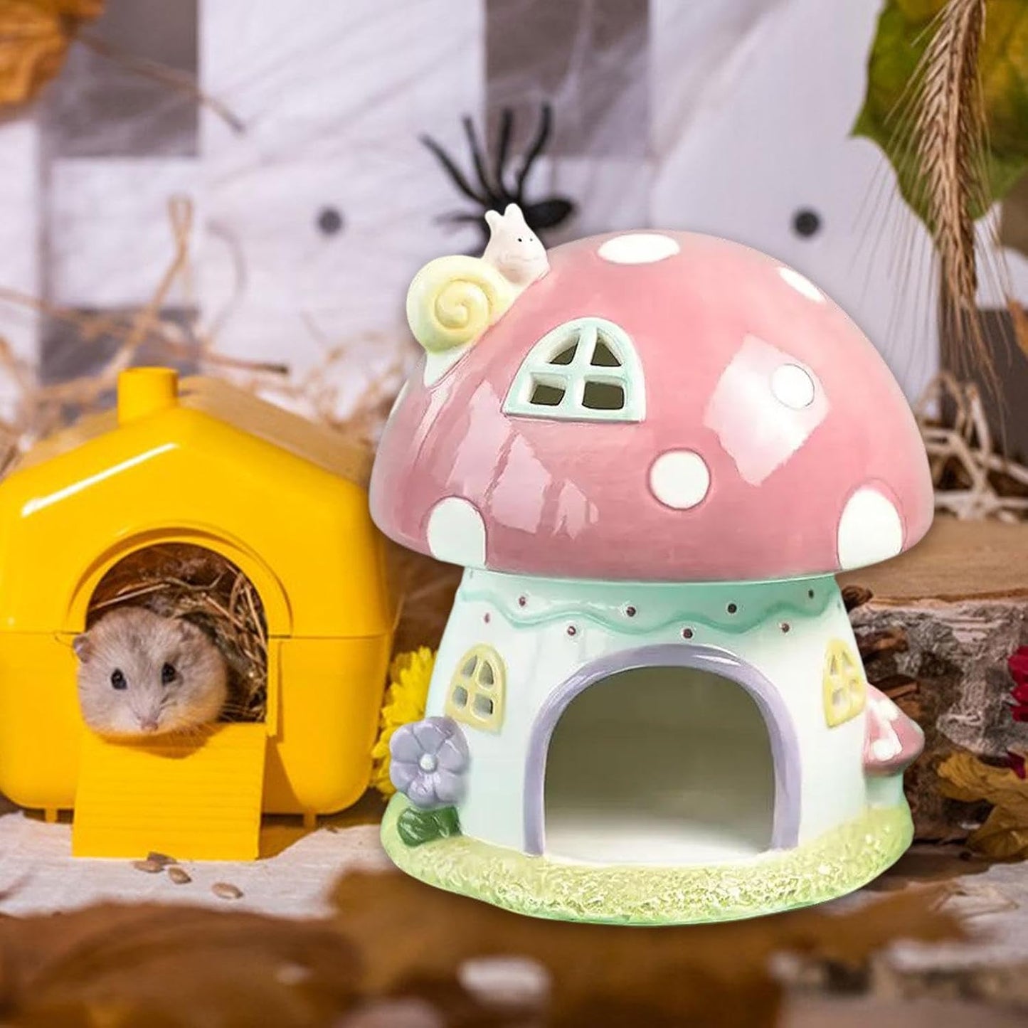 Ceramic Hamster Hideout, 6.3 x 6.3 x 7.2 in Cartoon Small Pet Sleeping House for Dwarf Hamsters, Hedgehogs and Chinchillas