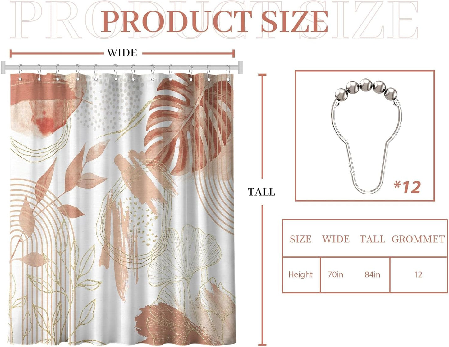 Coral Pink Shower Curtain Cute Girly Salmon Peach Mid Century Modern Shower Curtains for Girls Bathroom Decor, Waterproof Cloth Fabric with Hooks, 70" W x 84" L