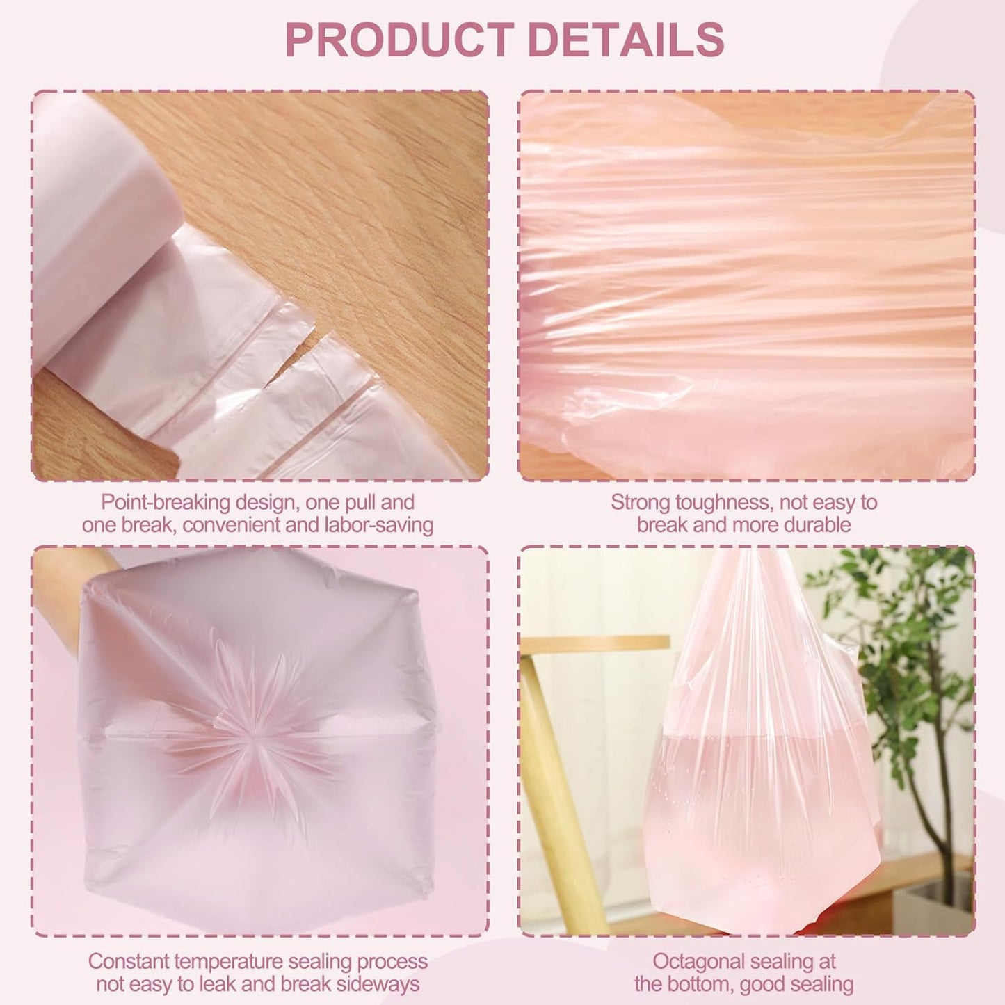 0.5 Gal Trash Bags,Mini Strong Garbage Bags for Mini Desktop Trash Can,180 Counts(6 Rolls),with Handle (Pink)