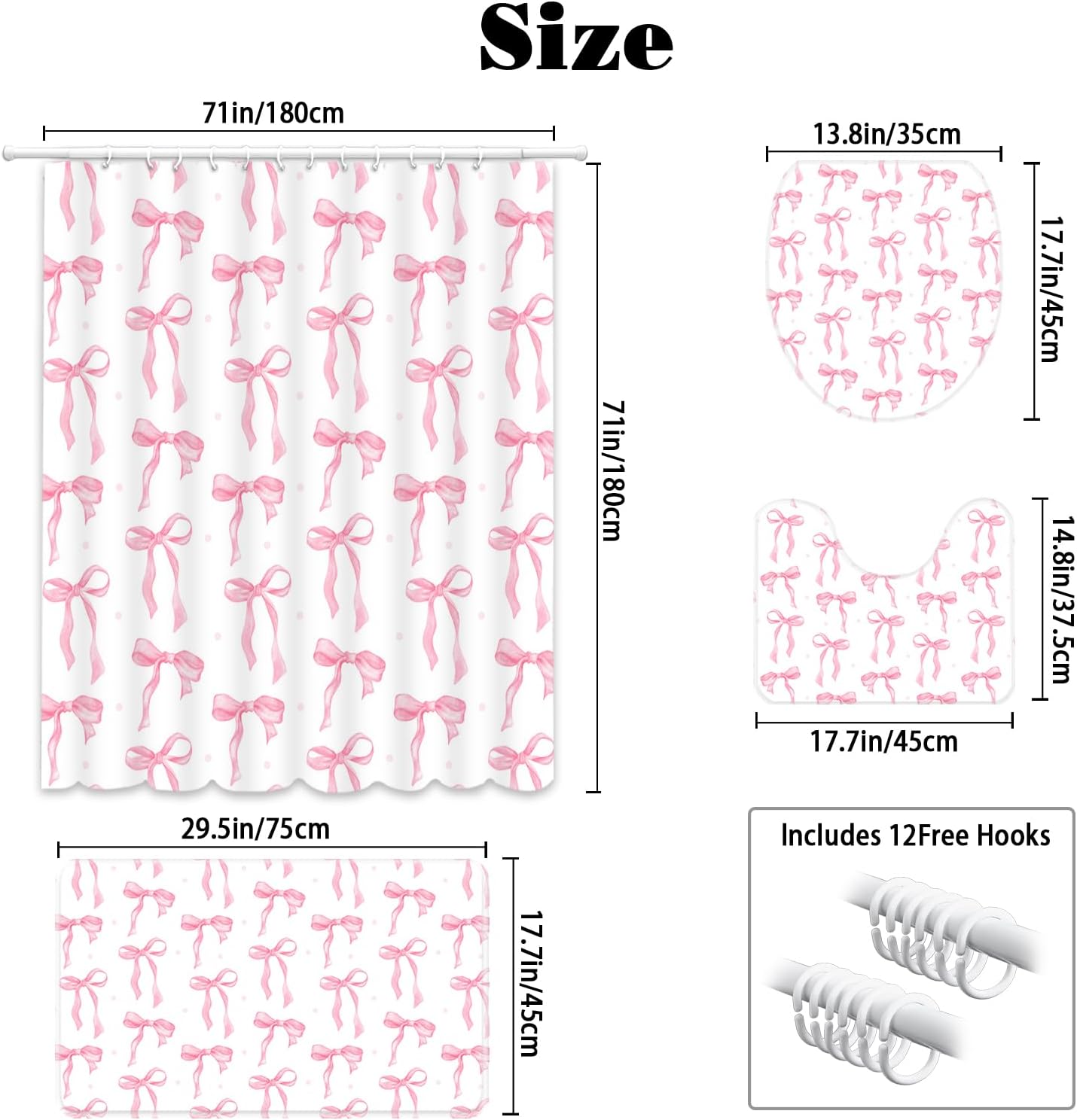 MEHOFOND Pink Bow Shower Curtain Sets 4 Pcs for Girls Coquette Bow Bath Curtain Set with Shower Curtain,Non-Slip Rug,Toilet Lid Cover, Bath Mat and 12 Hooks Pretty Modern Aesthetic Bathroom Decor
