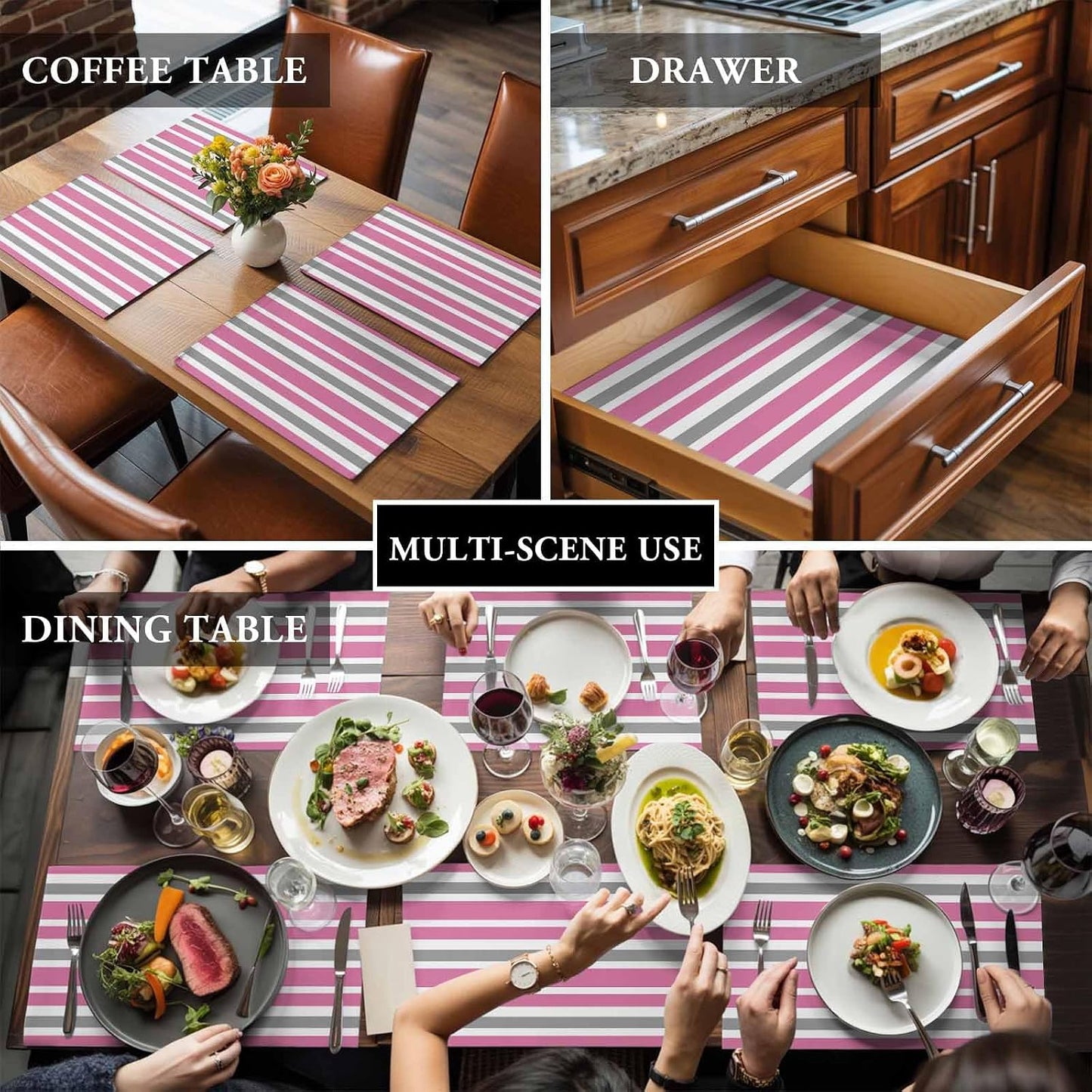 Pink Grey and White Stripes Placemat Set of 6 Non-Slip Placemats for Dining Table Farmhouse Stripe Washable Table Mats, Heat Resistant Kitchen Table Mats for Party, Dining Room & Home Decor