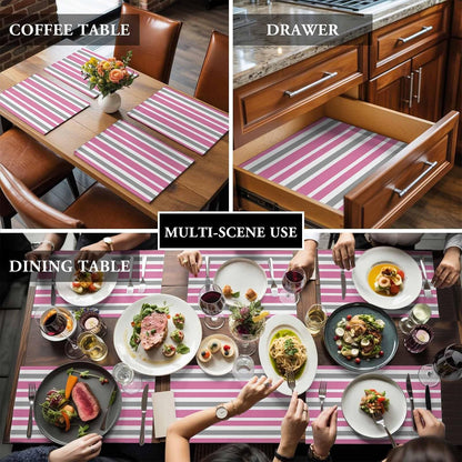 Pink Grey and White Stripes Placemat Set of 6 Non-Slip Placemats for Dining Table Farmhouse Stripe Washable Table Mats, Heat Resistant Kitchen Table Mats for Party, Dining Room & Home Decor