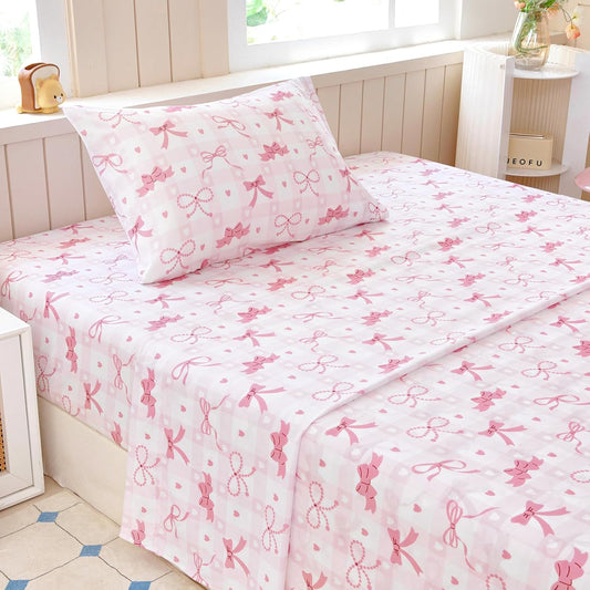 Twin Sheet Set Kids - Pink Check 3 Pieces Soft Microfiber Cartoon Style Bedsheets for Boys Girls Teens, Oeko TEX Breathable 15 Inch Deep Pocket Sheets(Pink Bow)