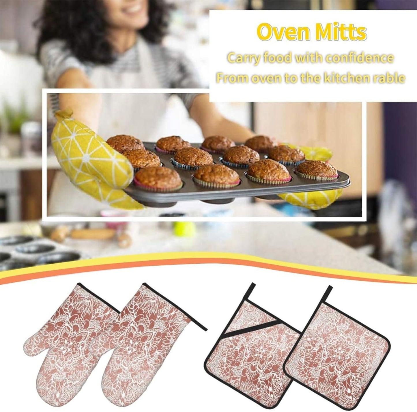 Rose Gold Pink Flower Pattern 4 Pack Custom Design Oven Mitts Pot Holders Set, Thick Polyester Kitchen Gloves for Home Baking Backyard Grilling
