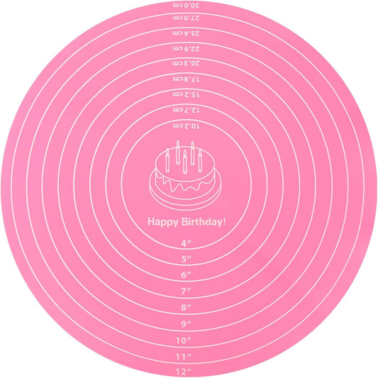 Oruola Round Silicone Baking Mat, 12In Cake Kneading Mats,Pastry Mats for Cake Turntable Stand Pastry Baking Sheet, Round Silicone Mat with Size Measurement Specification, Non-Stick, Pink