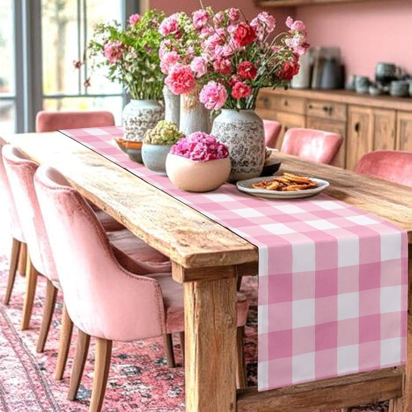 yuboo Pink Gingham Table Runner 72 Inches, Spring Summer Pink and White Buffalo Check Plaid Table Cloth for Gingham Party Supplies, Rustic Farmhouse Wedding Girls Birthday Home Table Decorations