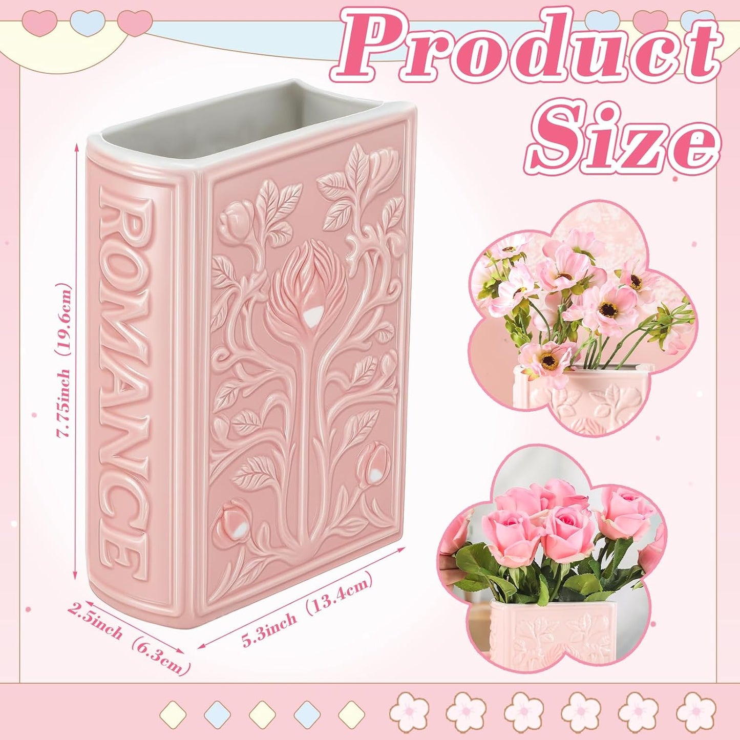 SiliFine Book Shaped Decorative Vases for Flowers Cute Ceramic Planter Home Decor Christmas Pink Flower Vase Bookshelf Dining Table Office Ornaments for Book Lovers Gifts