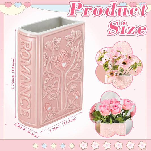 SiliFine Book Shaped Decorative Vases for Flowers Cute Ceramic Planter Home Decor Christmas Pink Flower Vase Bookshelf Dining Table Office Ornaments for Book Lovers Gifts