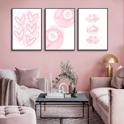 3Pcs Trendy Pink Preppy Canvas Wall Art Light Pink Cute Girly Lips Lucky 8 Ball Hearts Paintings Pictures Wall Decor Coquette Poster Printing Artwork for College Dorm Room Bedroom Home Decoration