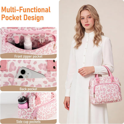 Lunch Bag Large Insulated Lunch Box for Women Adult Cute Pink Leopard Lunchbox Corduroy Lunch Bags Boxes Pail with Shoulder Strap for Work Mom Picnic Office Travel 11.4×6.8×9.1 inches 11.5L