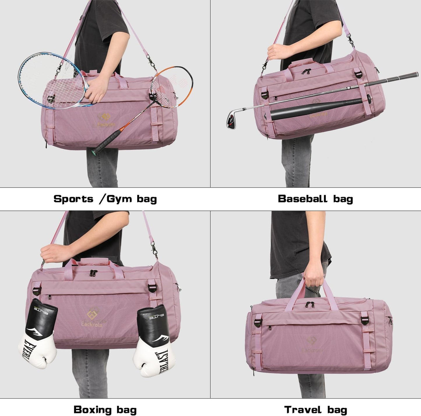 Large Sports Gym Bag, Travel Duffel bag with Wet Pocket & Shoes Compartment for men women, 65L, Lightweight（Pink）