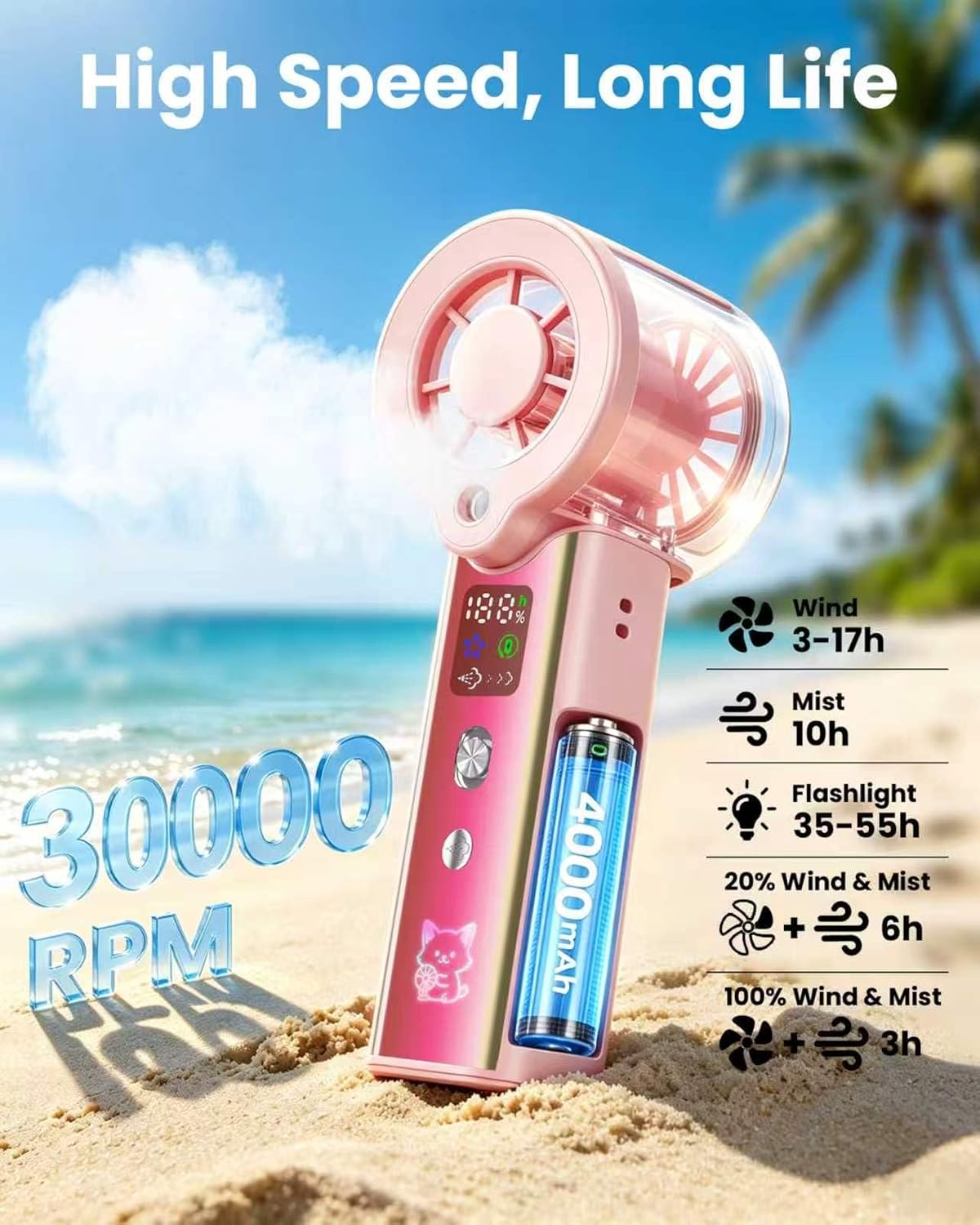 Upgraded Misting Fan Portable Fan, 30000 RPM Rechargeable Mini Fan Handheld with Spray Cooling, 4000mAh LED Display Mist Hand Fan for Travel Makeup Lash Travel Essentials for Women
