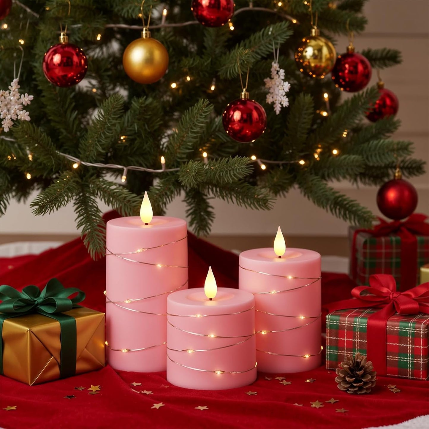 Raycare Easter Pink Flameless Candles with Remote Timer, Flickering Battery Operated LED Pillar Fake Candle with String Lights for Home Decor, Christmas, Wedding and Gift, Set of 3