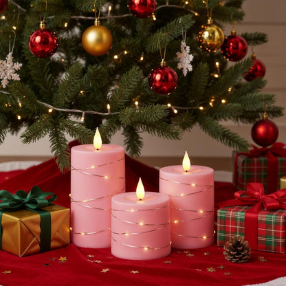 Raycare Easter Pink Flameless Candles with Remote Timer, Flickering Battery Operated LED Pillar Fake Candle with String Lights for Home Decor, Christmas, Wedding and Gift, Set of 3