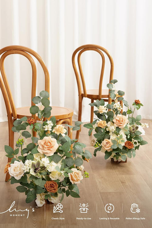 Ling's moment 17.5" Tall Standing Artificial Flowers Arrangements 2 pcs Wedding Aisle Runner Chair Decorations Apricot & Soft Peach Centerpieces for Ceremony Reception Rose Floral Party Outdoor